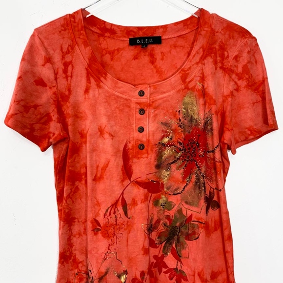 B.L.E.U. Tops - *SOLD* BLEU Small T-Shirt Orange Gold Embellished